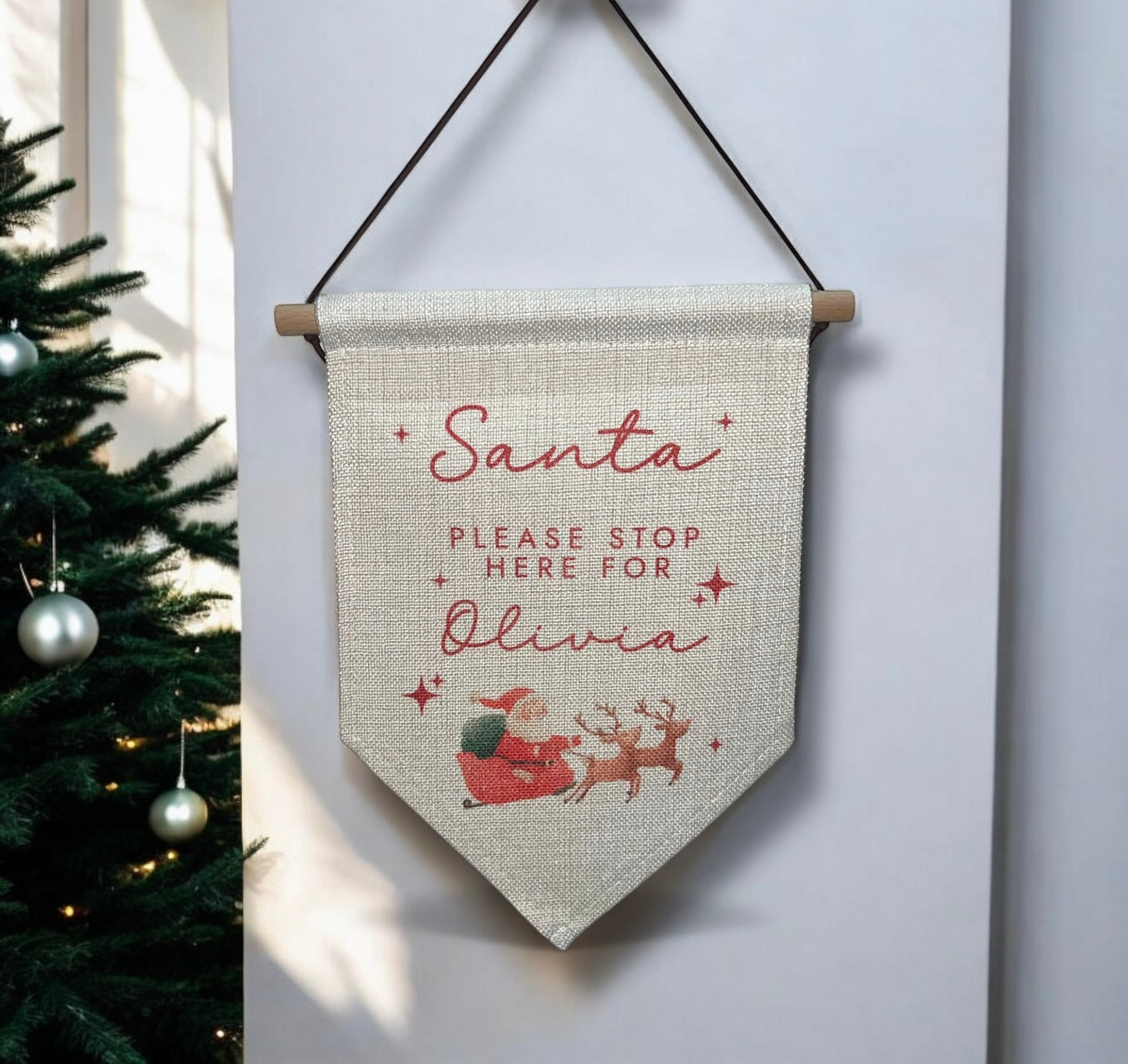 Personalised Santa Please Stop Here Linen Flag