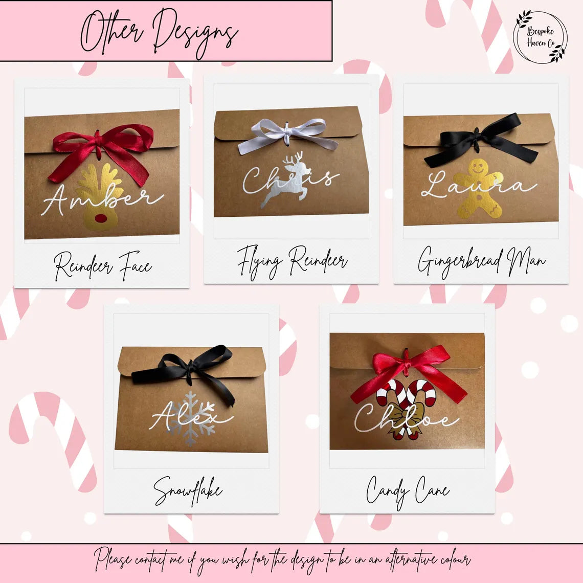 Personalised Christmas Candy Cane Kraft Gift Envelope with Ribbon