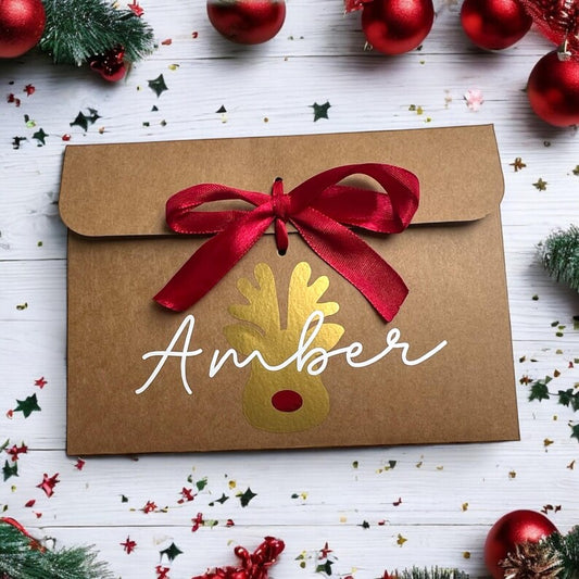 Personalised Christmas Reindeer Face Kraft Gift Envelope with Ribbon