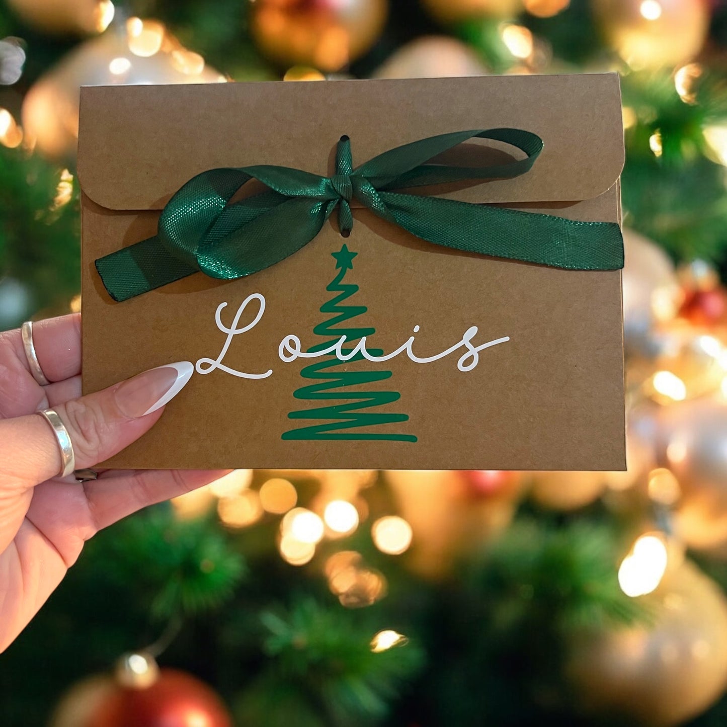 Personalised Christmas Tree Kraft Gift Envelope with Ribbon