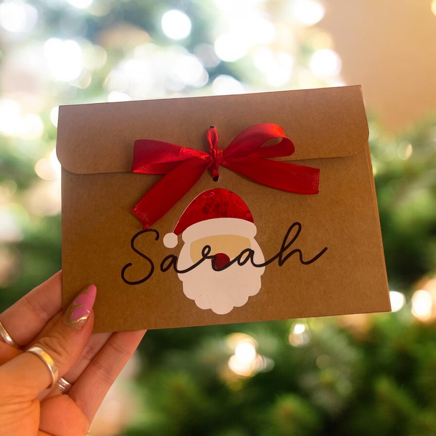 Personalised Santa Face Kraft Gift Envelope with Ribbon