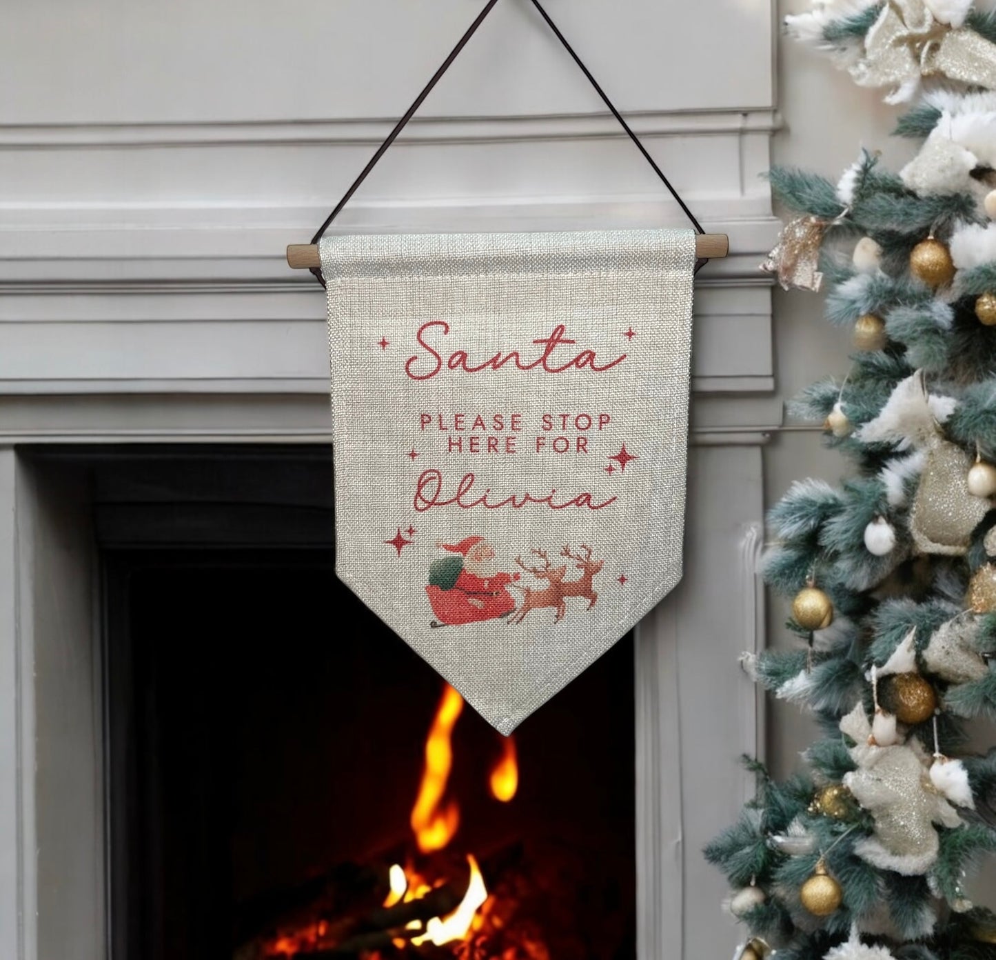 Personalised Santa Please Stop Here Linen Flag