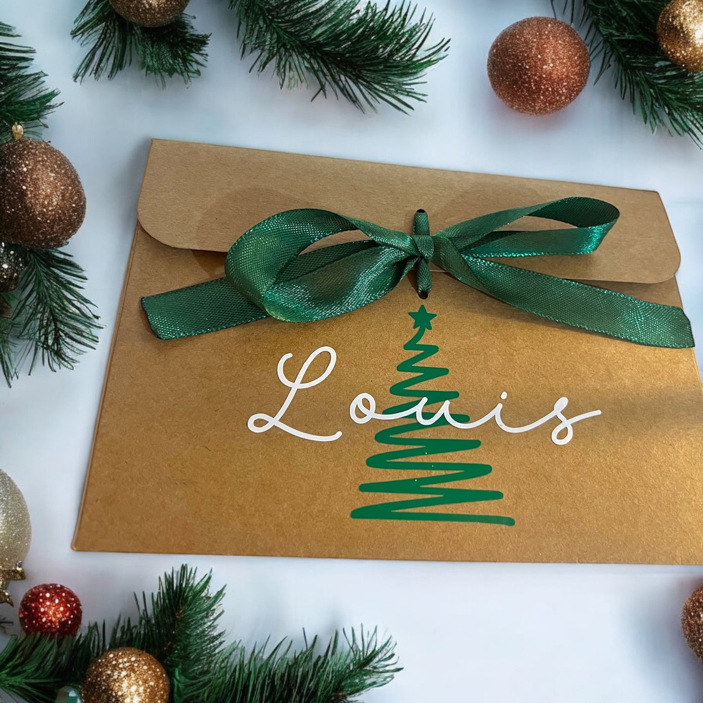 Personalised Christmas Tree Kraft Gift Envelope with Ribbon