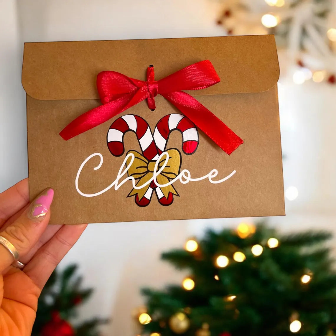 Personalised Christmas Candy Cane Kraft Gift Envelope with Ribbon