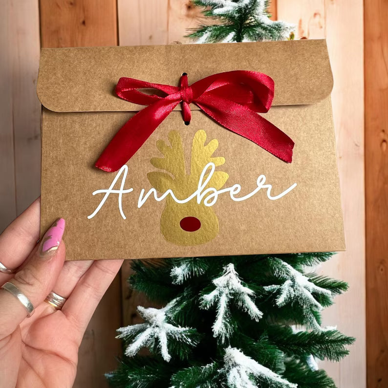 Personalised Christmas Reindeer Face Kraft Gift Envelope with Ribbon