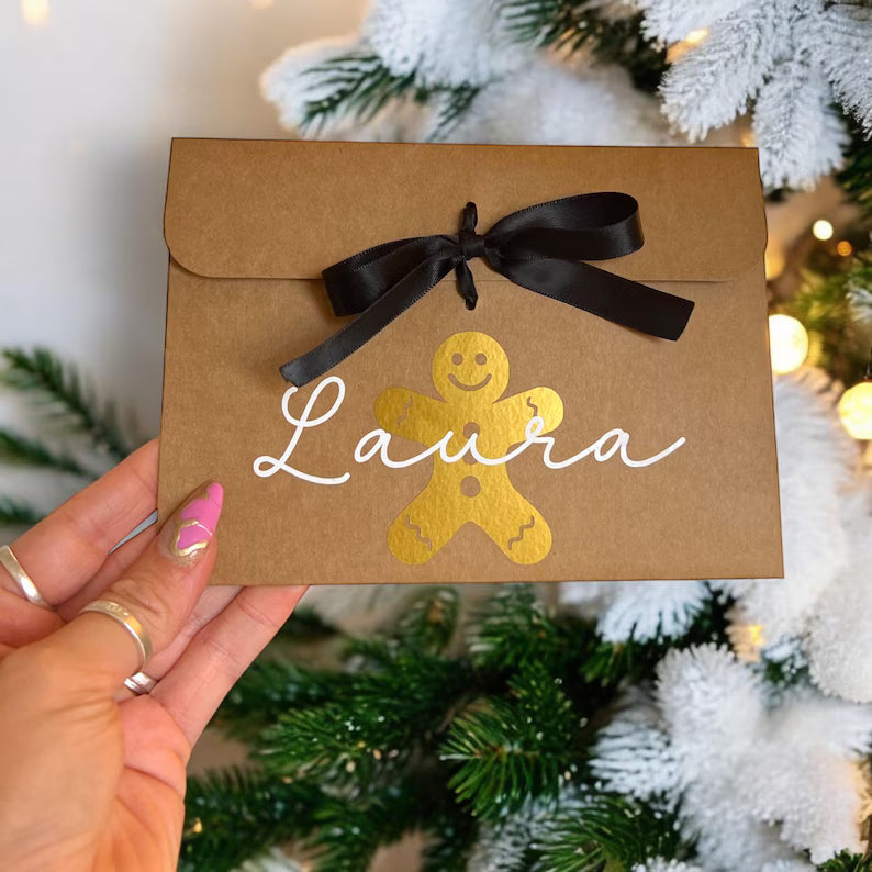 Personalised Christmas Gingerbread Kraft Gift Envelope with Ribbon
