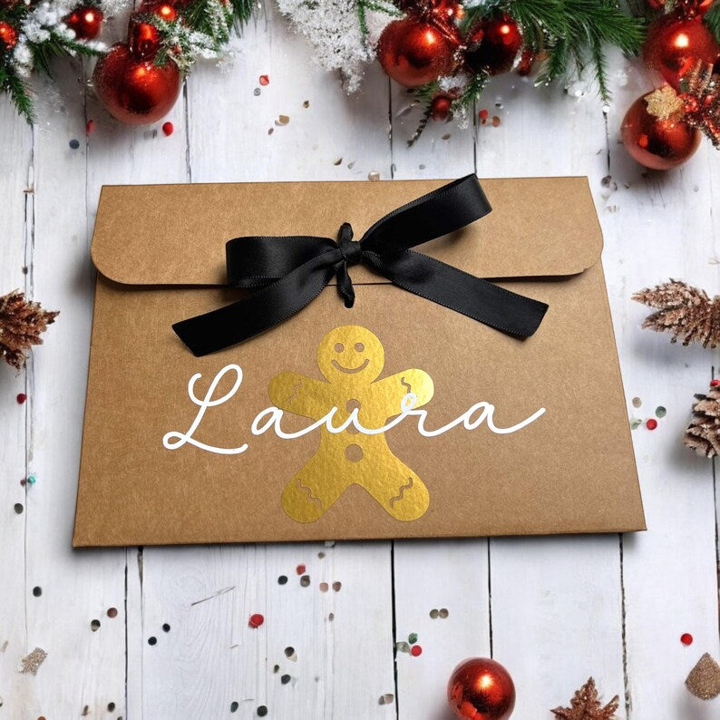 Personalised Christmas Gingerbread Kraft Gift Envelope with Ribbon